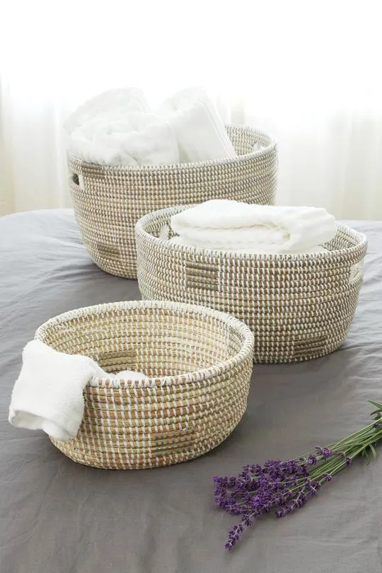 Silver and White Block Print Nesting Baskets- Large