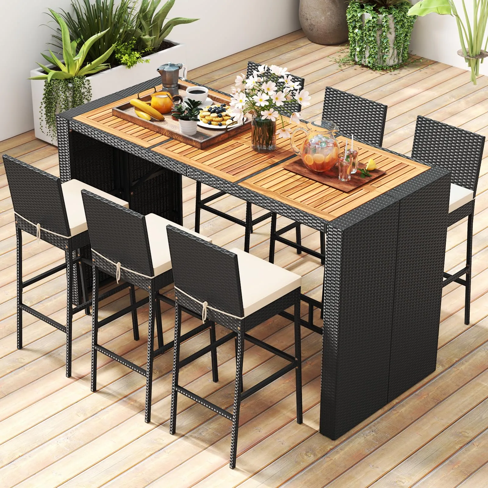Tangkula 7 Piece Patio Wicker Bar Set, Patiojoy Outdoor Acacia Wood Bar Height Table & 6 Rattan Bar Stool Chairs