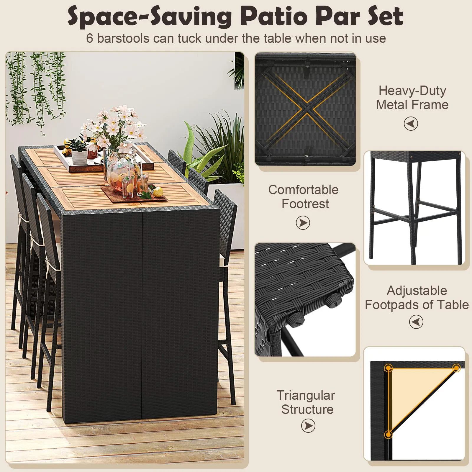 Tangkula 7 Piece Patio Wicker Bar Set, Patiojoy Outdoor Acacia Wood Bar Height Table & 6 Rattan Bar Stool Chairs