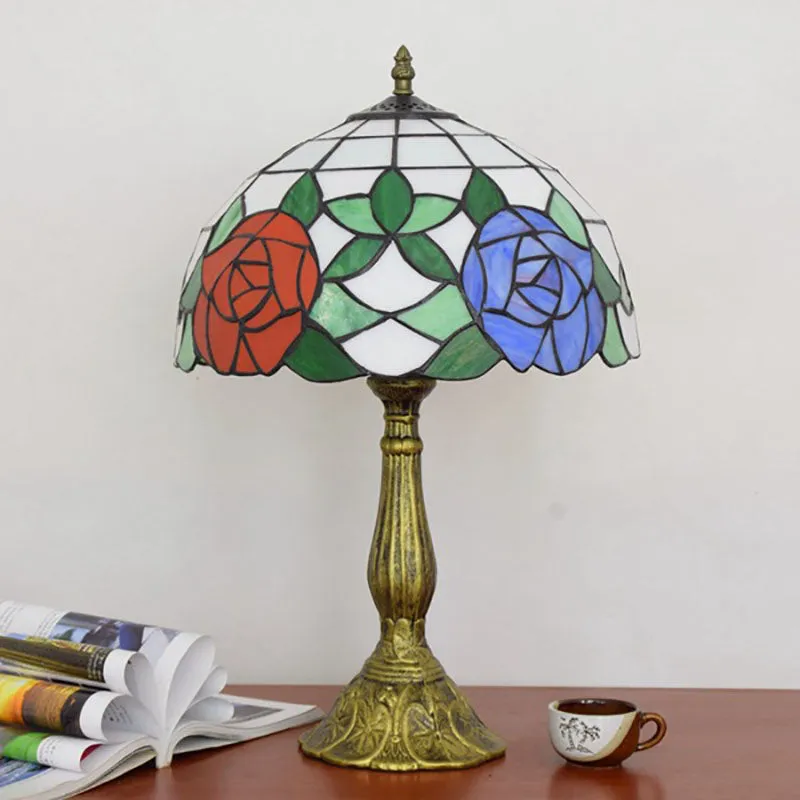 Traditional Tiffany Rose Aluminum Stained Glass 1-Light Table Lamp For Bedroom