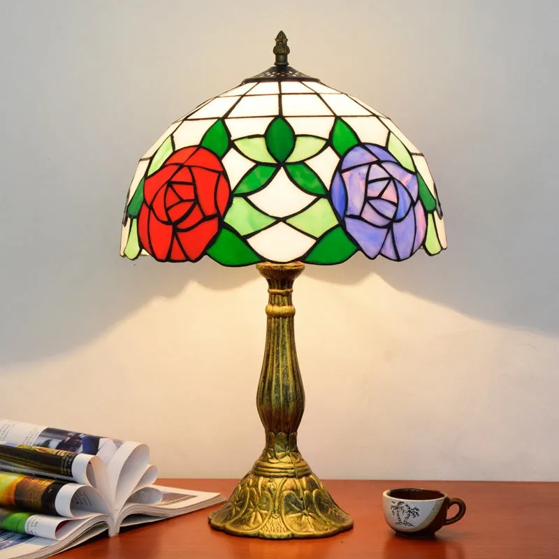 Traditional Tiffany Rose Aluminum Stained Glass 1-Light Table Lamp For Bedroom