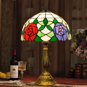 Traditional Tiffany Rose Aluminum Stained Glass 1-Light Table Lamp For Bedroom