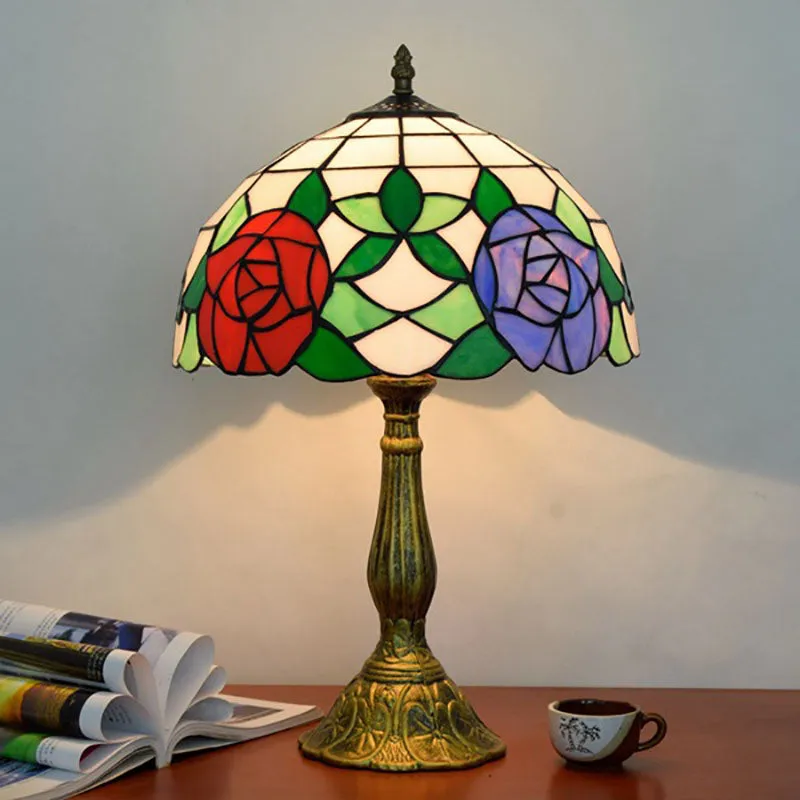 Traditional Tiffany Rose Aluminum Stained Glass 1-Light Table Lamp For Bedroom