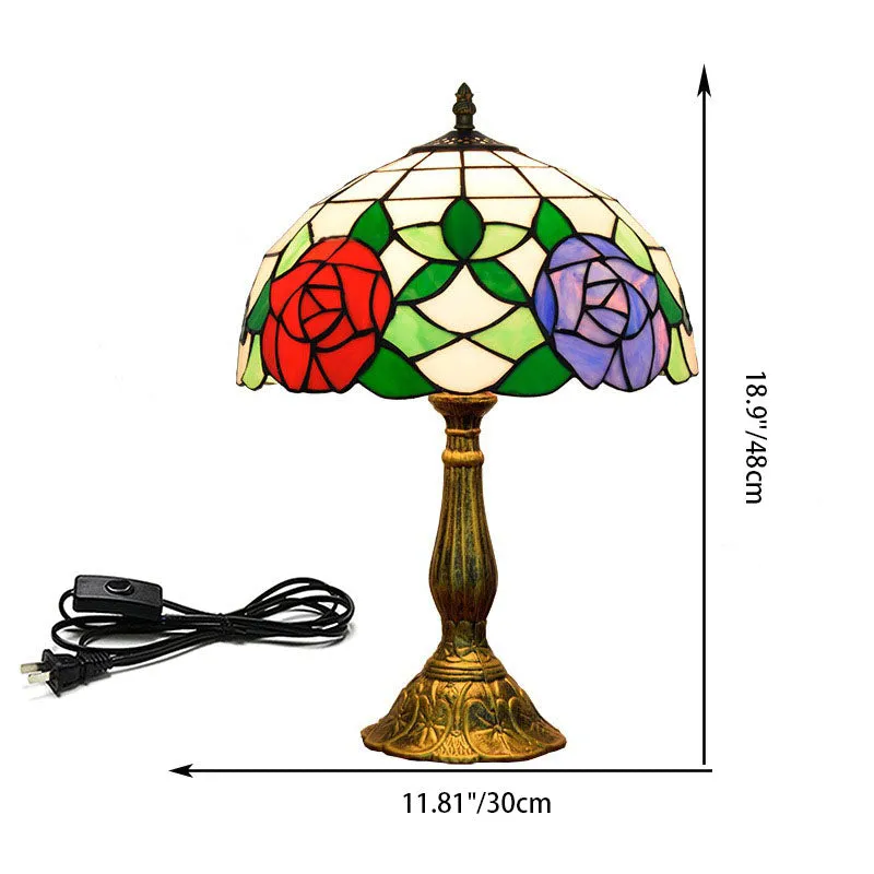 Traditional Tiffany Rose Aluminum Stained Glass 1-Light Table Lamp For Bedroom