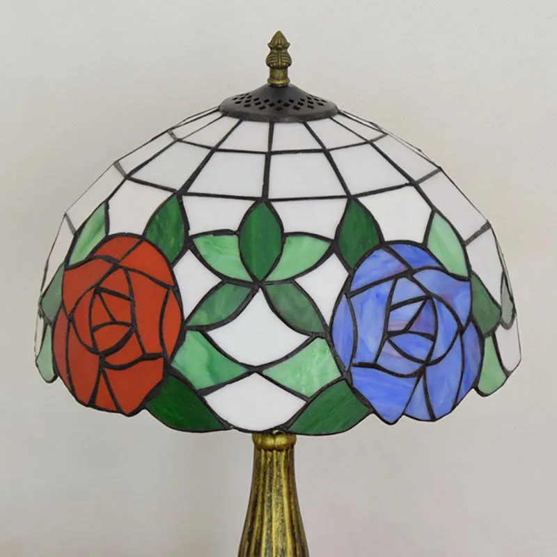 Traditional Tiffany Rose Aluminum Stained Glass 1-Light Table Lamp For Bedroom