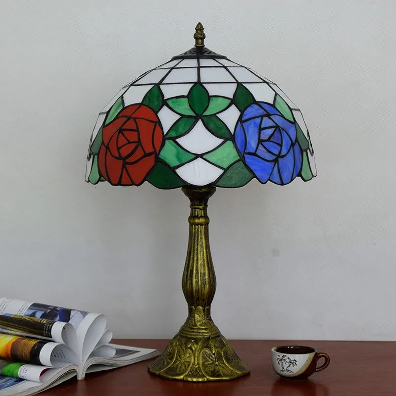 Traditional Tiffany Rose Aluminum Stained Glass 1-Light Table Lamp For Bedroom