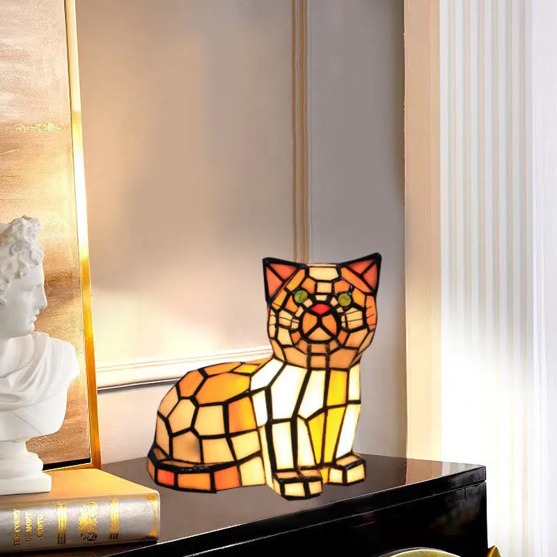 Traditional Tiffany Stained Glass Cat 1-Light Table Lamp For Bedroom