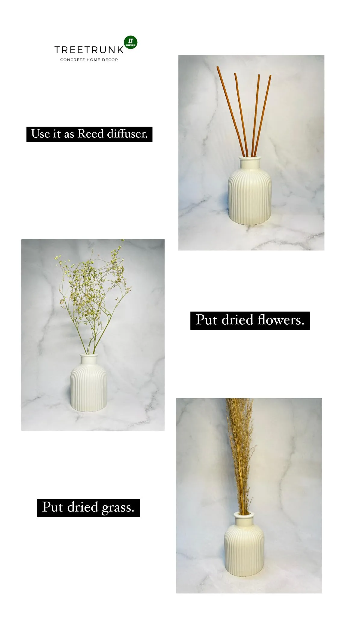 TREETRUNK® Concrete Striped Vase | Reed Diffuser Vase | Flower Vase for Home Decoration | Aesthetic/Minimalist Home Decor Vase (White) [9.5 x 6.5cm]