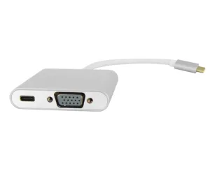 USB 3.1 Type C Male To 2-In-1 Multiport Compact Converter- USB C Socket PD   VGA Female - Silver Aluminum Housing