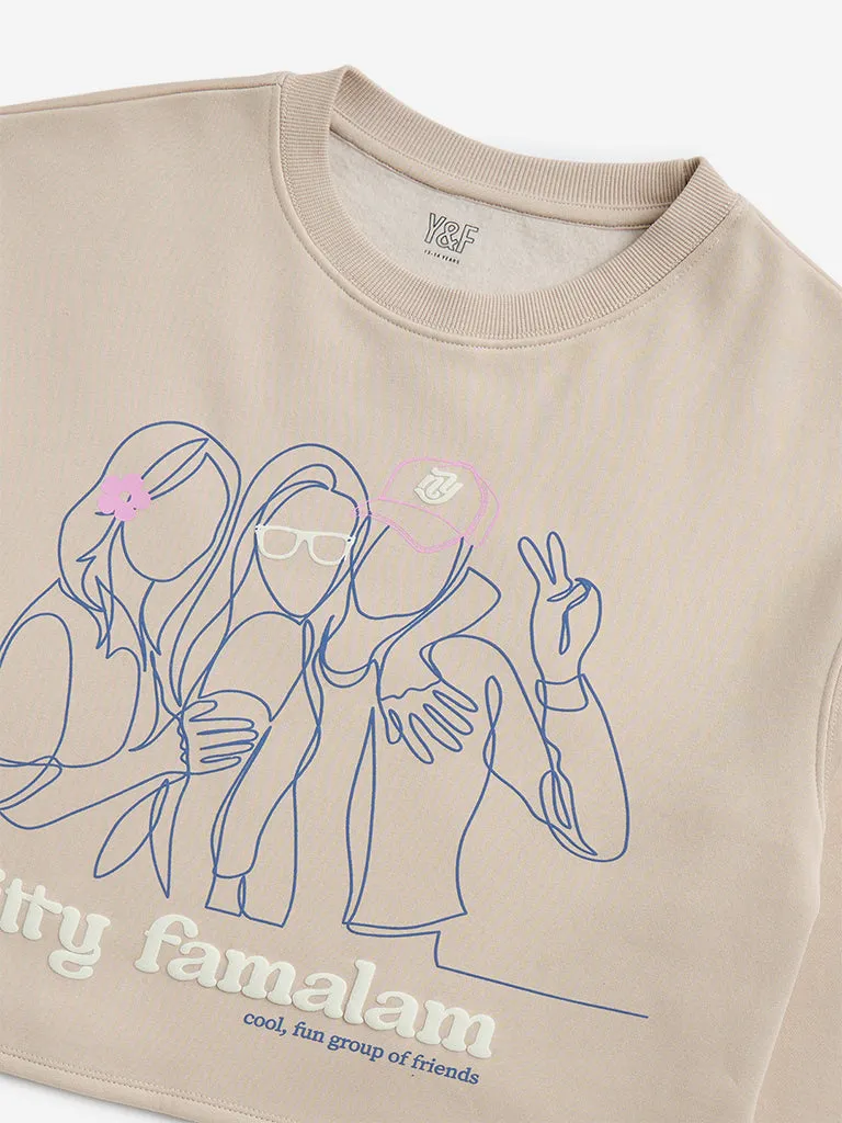 Y&F Kids Beige Text Print Cotton-Blend Sweatshirt