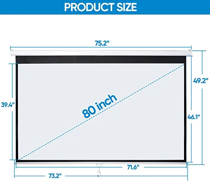 ZENY™ 80'' 16:9 HD Projection Screen Foldable Anti-Crease Portable Projector Movie Screen Manual Pull Down for Home Theater Presentation Education Outdoor Indoor Public Display