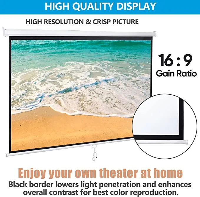 ZENY™ 80'' 16:9 HD Projection Screen Foldable Anti-Crease Portable Projector Movie Screen Manual Pull Down for Home Theater Presentation Education Outdoor Indoor Public Display